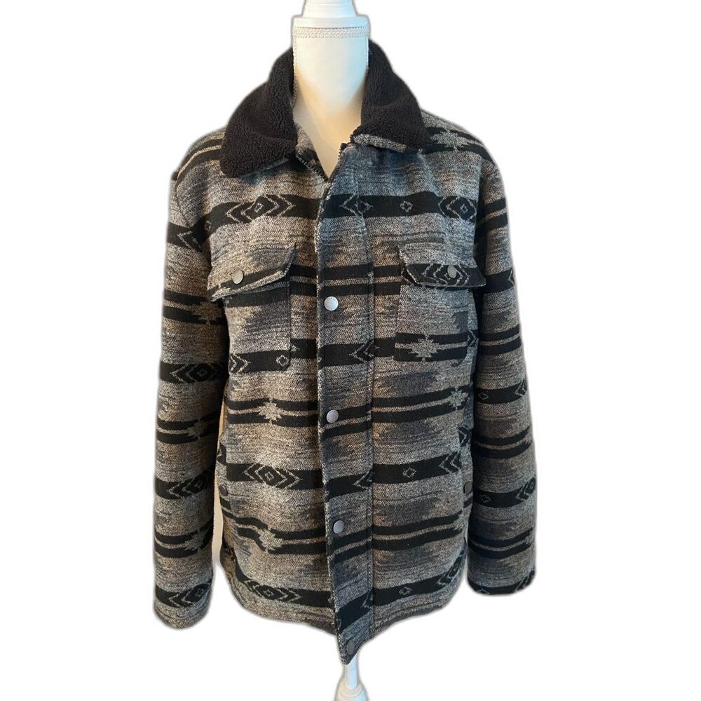 Plantini Mens Ethnic Aztec Fur Lined Jacket Black Size XL Warm Spread Collar